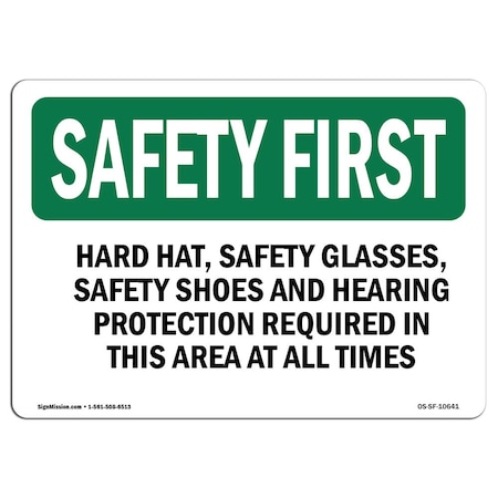 Signmission OSHA Sign, Hard Hat Glasses Shoes And, 14in X 10in Aluminum, 14" W, 10" H, Landscape OS-SF-A-1014-L-10641